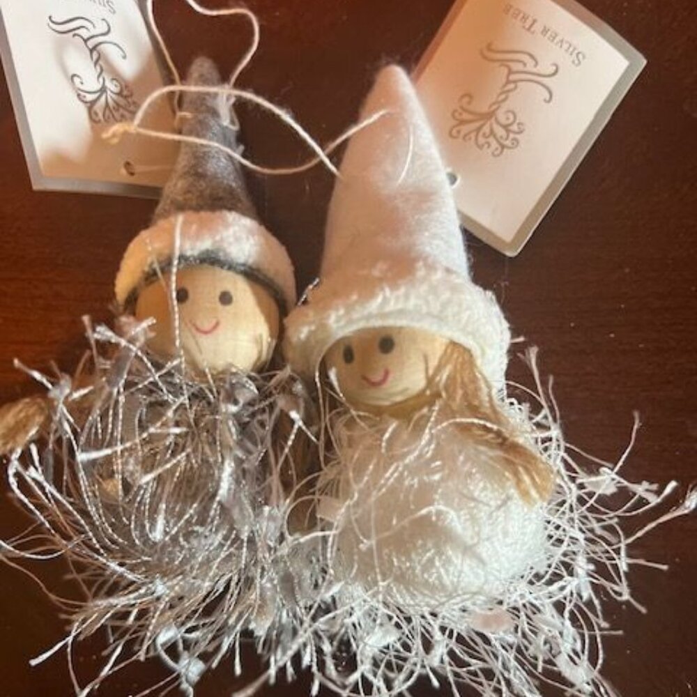 Set Of 2  Christmas wood‎ and fabric tomte girls Hanging Ornaments  Felt Hats